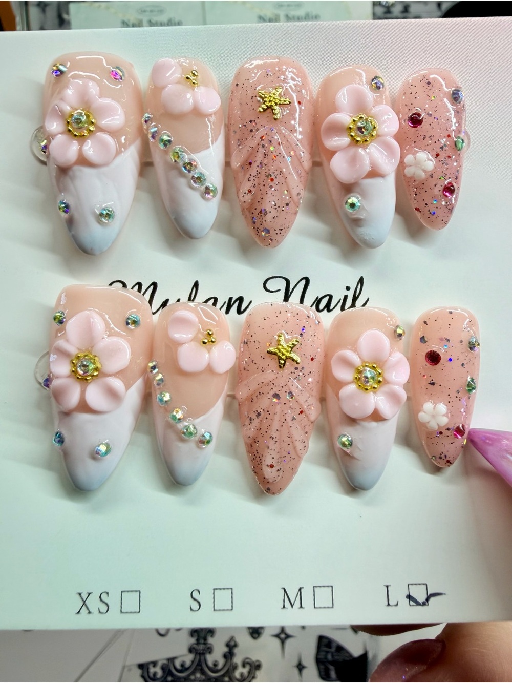 Handcrafted Pink Floral 3D Press-On Nail Set
